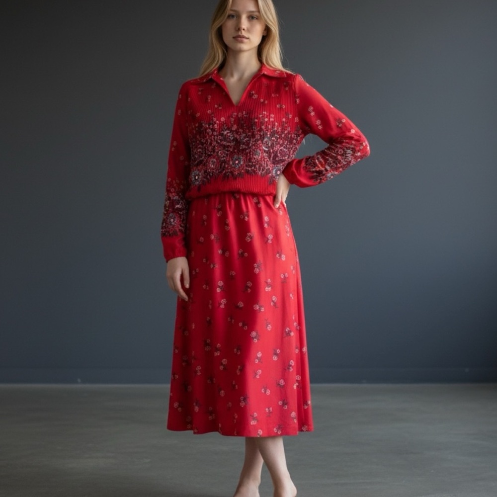 ❤️ Vintage 1970’s Red Floral Pleated Retro Secretary Dress